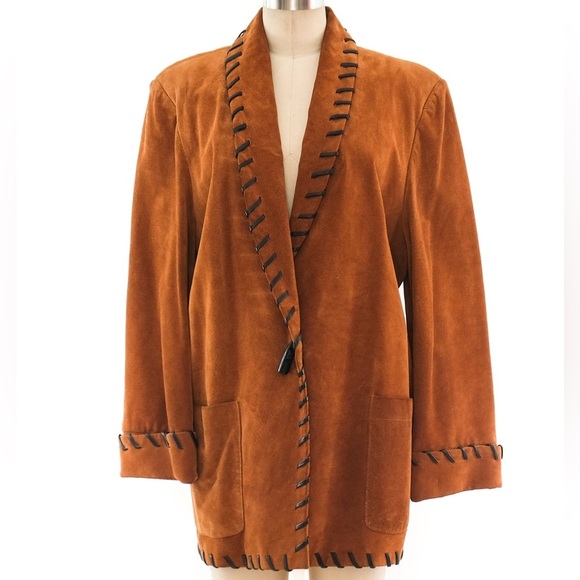 Women's Brown Leather Jacket with Black Trim - Picture 1 of 9